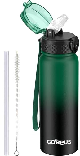 GOPPUS Borraccia in acciaio inox da 600 ml, con cannuccia, isolamento a doppia parete, cinghia, riutilizzabile, sottovuoto, a prova di perdite, mantiene le bevande fredde