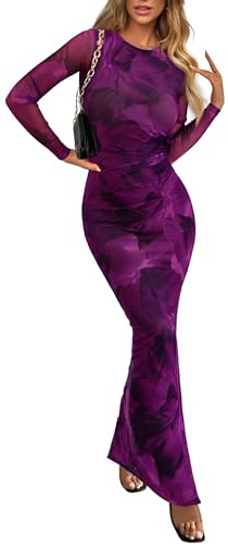 PRETTYGARDEN Women's Bodycon Maxi Dress Fall Spring Fashion Long Sleeve Floral Print Tight Fitted Party Club Ruched Dresses (Print Purple,Medium)