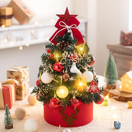 QKTYB Small Christmas Tree with Lights, 45cm Artificial Pre Lit Mini Christmas Tree, Battery Powered Table Top Xmas Tree for Desk, Office, Kitchen, Dining Table Decor (Red)
