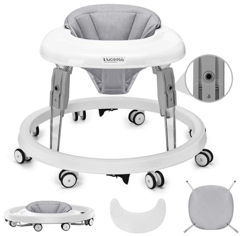 Baby Lauflernhilfe, Anti-Collision Design One-Touch Folding Baby Walker, Anti-Roll 8-Rad-Rundfahrwerk, 7-Gang höhenverstellbar, mit großem Essteller und Bremse von 6-18M (Grau)