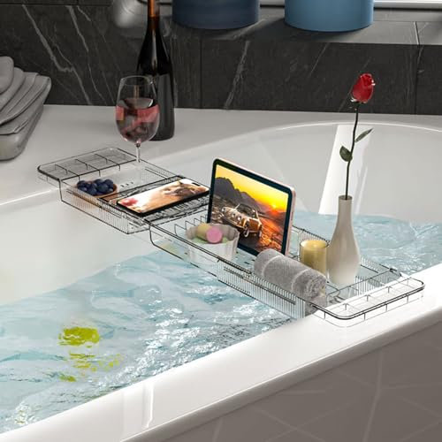 TapferBahn Plateau De Baignoire,Plateau De Bain,Tablette De Baignoire,Plateau De Baignoire TéLescopique,Transparent Pont De Baignoire,Plastique Table De Plateau De Baignoire,avec Trou Drainage