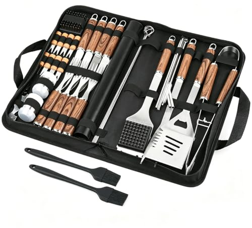 BOPEUY Kit de Utensilios para Barbacoas, 38pcs Juego de Utensilios Barbacoa con Negro Bolsa, Acero Inoxidable Herramienta de Parrilla, Kit para Barbacoa al Aire Libre para Hombres y Mujeres