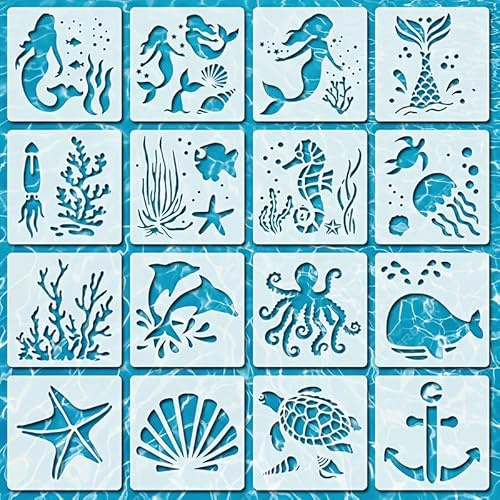 16 Reusable Stencils for Painting, Ocean Animal Templates for DIY Crafts | Versatile stencils for crafts reusable in painting, wall décor and art projects, with cut-out ocean and animal designs.