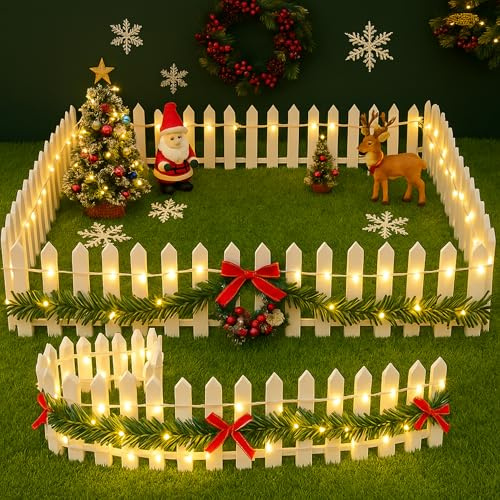 GWAEPU Recinzione natalizia in miniatura in legno: 2 pezzi Mini recinzione da giardino decorativa con luci, accessorio decorativo per casa delle bambole, giardino delle fate, decorazione natalizia, 90