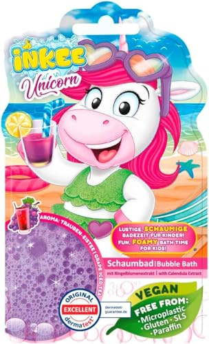 INKEE - Sapone liquido per il bagno Unicorn | Additivo per il bagno Unicorno per bambini, sapone liquido per bambini con estratto di calendula e profumo di tè freddo all'uva, 15 x 40 g