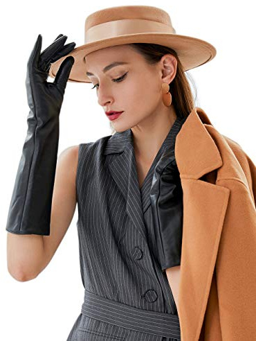 VIKIDEER Elegant Winter Black Long Leather Gloves for Women Full Touchscreen Womens Ladies Warm Lined Genuine Leather Gloves 15.7'' Black Midium