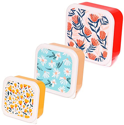 Puckator Pick of The Bunch Botanical Lidded Snack Pot Lunch Box Set of 3, BPA Free PVC, Work School Travel Home, Multi