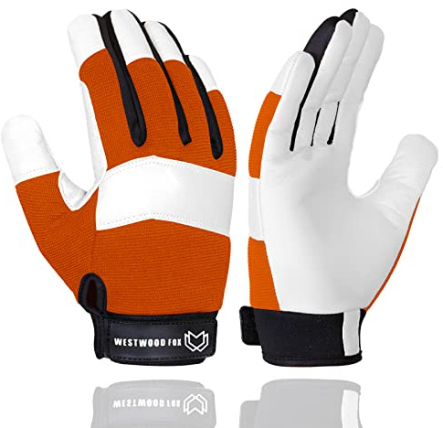 WESTWOOD FOX Trädgårdshandskar Thorn Proof Flexibla Heavy Duty Läder Mekaniker Utility Dexterity Andningsbara bygghandskar för arbete Herrar Kvinnor (Orange, M)