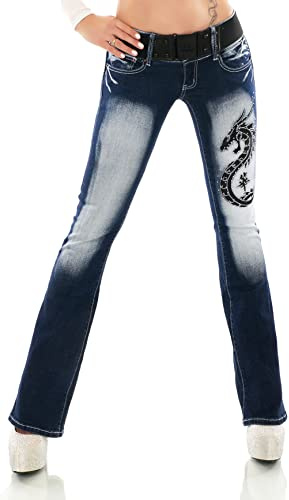 Dam, bootcut jeans, byxor, utsvängda jeans, olika broderi, tatuering, drake, bukett, bokstäver inkl. Bälte XS–XXL, 34 SE