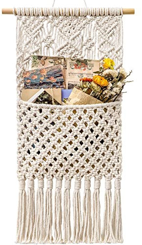 HUOGEE Makramee Wandbehang Wanddekoration 27cm (W) × 82cm (L) Lvory Boho Style Wanddeko Zeitschriftenhalter Handarbeit Zeitschrift Storage Organizer Baumwolle Tapisserie Tasche.