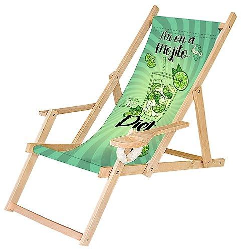 Ferocity Holz-Liegestuhl Klappbar Klappliegestuhl mit Armlehne und Getränkehalter Strandstuhl Motiv Bedrucken Mojito Diet [119]