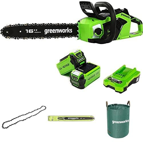 Greenworks Cordless 40cm Chainsaw with Brushless Motor, Two of 40V 2Ah Batteries & Charger + Greenworks Replacement 40cm Chain + Greenworks Original 40cm Guide Bar + Greenworks 120 L Garden Waste Bag