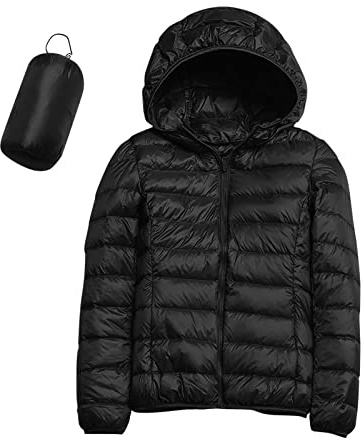 Womens Winter Lightweight Puffer Jacket with Hood Warm Short Packable Women Quilted Jacket Transitional Padded Down Jacket for Ladies Lined for Hiking Travel Plus Size Thin Jacket Down Black