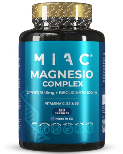 Citrato de Magnesio 1545mg + Bisglicinato de Magnesio 600 mg | Reduce la Fatiga Muscular y Mejora la Calidad del Sueño | Magnesium Complex con Vitaminas C, B5, B6 | Contiene 120 cápsulas MIAC