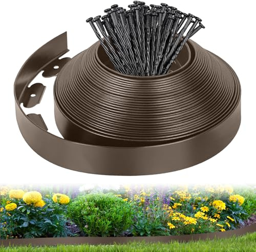 Bordes para Césped Flexible 10M x 5cm, Plástico Valla de Jardín con 50 Clavijas, Borde Delimitación para Césped para Jardine, Parterre, Camino de Patio, Marrón