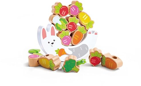 Hape Wooden Bunny Balance & Threading Toy - 2-in-1 Vegetable Stacking Blocks and Lacing Game for Early Cognitive Development - Durable Beech Wood Construction for Kids