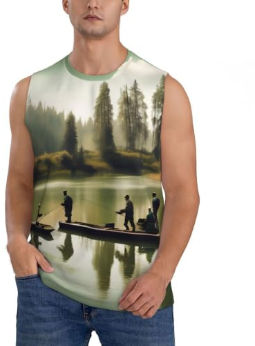 JBJGKHLP fiske sjö fiskare tryck ärmlös t-shirt män atletisk tank top t-shirt lätt vardaglig helg utomhus, Svart, S