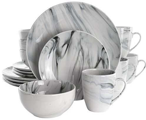 Elama Fine Round Gloss Dinnerware Dish Set, 16 Piece, Black and White Marble