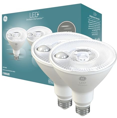 GE LED+ Motion Sensor LED Light Bulbs, 15W, PAR38 Outdoor Security Floodlight, Warm White (2 Pack)