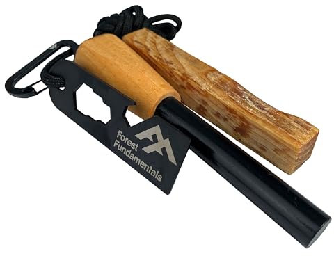 Forest Fundamentals™ Artisan Fire Starter™ | Ferro Rod Fire Steel & Striker | Handmade Wood-turned handle, Fatwood, 550 'Survival Cord' Lanyard | Traditional Bushcraft | Up to 20,000 Strikes!