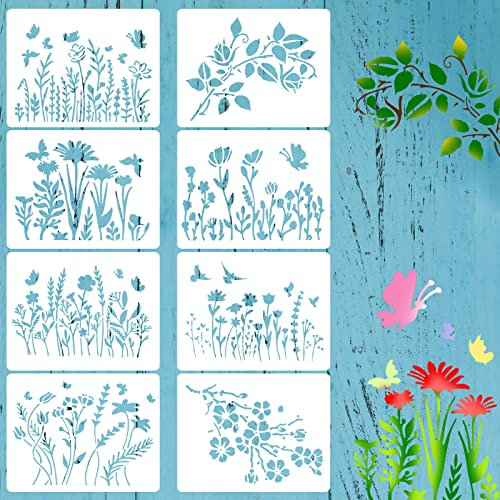 Abellio 8 Stück Blumen Schablone, Wildblumen Schablonen, Kirschblüten Rebe Zeichenschablonen Wiederverwendbar DIY Natur Blumen Vorlagen für Malerei auf Leinwand Möbel DIY Home Decor - 12 x 15 cm