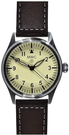 MWC Classic 40mm Híbrido Mecánico Cuarzo Acero Marrón Cuero Crema Zafiro Aviador Pilot Hombre Reloj, Negro , Correa