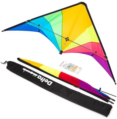 HQ Design - Delta Hawk Neon-Rainbow Lenkdrachen Zweileiner Flugdrachen robust berechenbar Speed & Power, ab 14 Jahren, 146x72cm, Dyneemaschnüre 70-100kp empf. (Nicht inkl.), 3-8 Bft