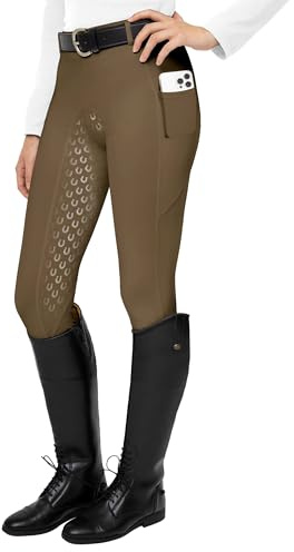 FitsT4 Leggings da Equitazione da Donna, in Silicone, con Tasca per Cellulare e Passanti per Cintura
