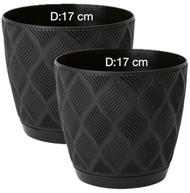 Macetero ECO 100% reciclado, maceta para hierbas con plato, diseño 3D, paquete de 2 unidades (negro, L - 17 cm)
