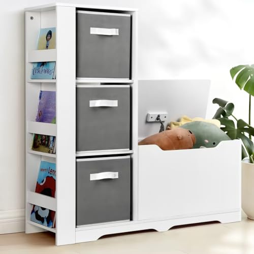 Cowiewie Kids Bookshelf with Reading Nook, Kids Toy Storage Organizers with Safety Hinged Seat, Montessori Wooden Storage Organizer Bench for Bedroom, Playroom and Bedroom (Grey)