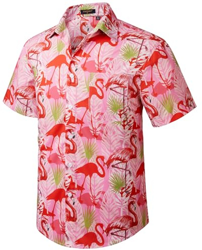 HISDERN Hawaiian Shirts for Men Casual Mens Shirts Short Sleeve Summer Funky Beach Hawaii Print Short Sleeved Aloha Shirt Pink 2XL