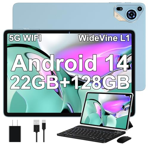 Tablet 10 Pulgadas Android 14 con Gemini AI, 22GB RAM + 128GB ROM Ampliable 1TB, Octa-Core 2.0GHz, FHD IPS, Widevine L1, WiFi 5G, 8000mAh, Cámara 5MP+8MP, con Teclado + Ratón + Funda, Azul Glaciar