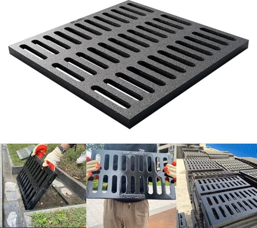 Cast Iron Drain Grate, 24 * 24in Heavy Duty Outdoor Drain Cover, B125 Class Channel Grate, Metal Sewer Grate, Black Square Drainage Grate for Concrete Floor, Yard, Driveway & Garage.