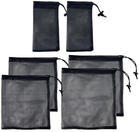Yicoovey 6er-Set Nylon Mesh-Taschen mit Kordelzug - Atmungsaktive Aufbewahrungstaschen für Sportzubehör/Reisen/Kosmetik, Multifunktionale Organizer für Spielzeug/Kleidung (Robustes Schwarz, 6 Stück)