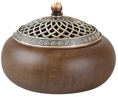 Incense Burner, Walnut Incense Cone Holder Relief Incense Bowl with Incense Holder & Fireproof Mat for Incense/Cone/Coil/Sticks