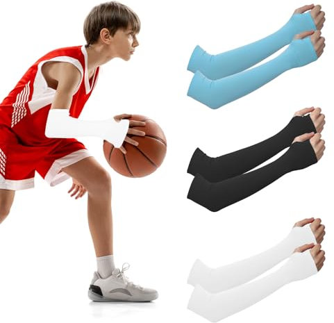 CIATBYYJ Lot de 4 paires de manchons de jeu UV Scutz pour enfants, manchettes de bras avec trou pour les pouces, manches flexibles, respirantes, pour garçons et filles, protège-bras de basket-ball