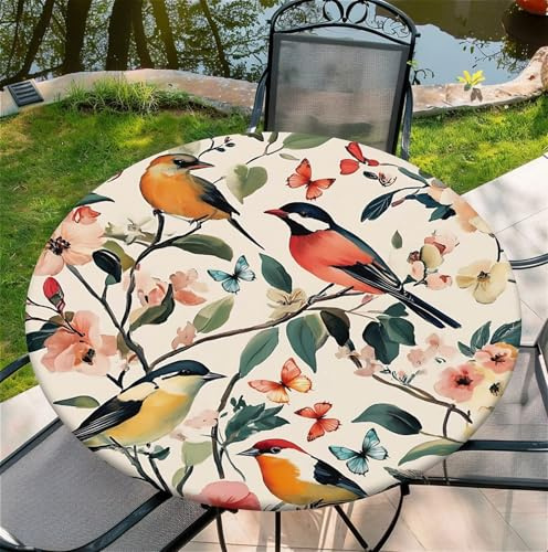 Outdoor Runde Tischdecke mit Gummizug Ø 36in(90cm)- Elastisch Garten tischdecke mit Blumen und Vögel Muster,Tische Gartentischdecke für Outdoor Küche Passend für 95-105cm