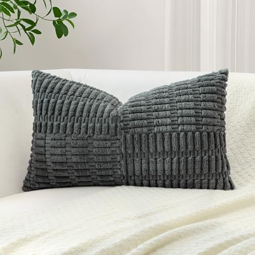 Sungeek 1 Stück Cord Kissenbezug, Kreuz Streifen Muster Kordsamt Kissenbezüge Sofakissen Dekokissen Patchwork Design Boho Zierkissenbezüge Deko Kissenhülle für Wohnzimmer (40x60cm, Dunkelgrau)