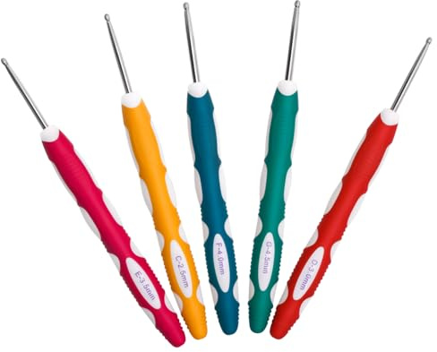 VOSSOT 5PCS Set de Ganchillo Ergonómico 5 Tamaños 2,5/3/3,5/4/4,5mm Mango Antideslizante de Silicona Suave, Punta de Aluminio Suave Kit Ganchillo Ligero y Cómodo para Bufandas, Ropa Manualidades DIY