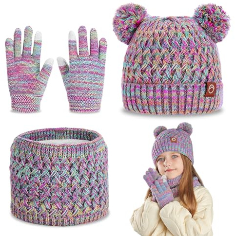 JhavexToy Conjunto de gorro, bufanda y guantes de invierno para niños, Gorro Sombreros de Punto con Pompón Braga Cuello Guante Regalos, gorros de punto, gorros regalo para niñas y niños