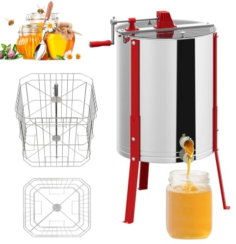 LZQ Manuelle Honigschleuder Edelstahl 4 Rähmchen, Tangentialschleuder Honigextraktor Handbetrieb, Honigextractor Zentrifugen Honig Extractor für Imkerei, Höhenverstellbar, Bienenzucht Zubehör