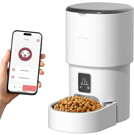 Dispensador Automático de Comida para Gatos y Perros 4L, Programable 1-6 Raciones al Día, Comedero Inteligente con Temporizador, Tolva de Gran Capacidad y Cuenco de Acero Inoxidable (Blanco- WiFi- 4L)
