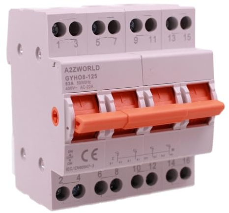Commutatore di Rete Modulare Manuale I-0-II, 4P 63A 380V IP20, Interruttore di Commutazione, Changeover Switch su Guida DIN, per Rete Principale e Alimentazione di Riserva