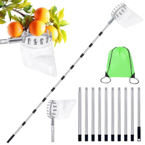 Idota Recogedor de frutas de 4,65 m con mango telescópico, diámetro de 16 cm, recogedor de manzanas con mango telescópico, de acero inoxidable, con bolsa de algodón, recogedor de pelusas con bolsa de