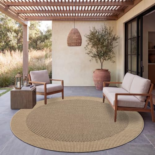 Paco Home Matta För Inomhus Och Utomhus Terrass Balkong Matta Bård Sisal Optik Enfärgad Beige, Storlek:200 cm Runda