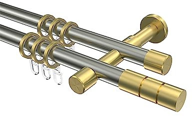 Interdeco Gardinenstange Edelstahl-Optik/Messing-Optik 20 mm Ø 2-läufig Prestige Elanto, 600 cm