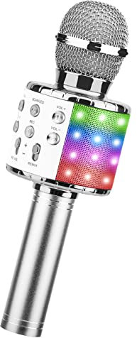 ShinePick Microphone Karaoke sans Fil, Karaoké Microphone Bluetooth Portable pour Enfants/Adultes Chanter, Compatible avec Android/iOS/PC/Smartphone (Argent)