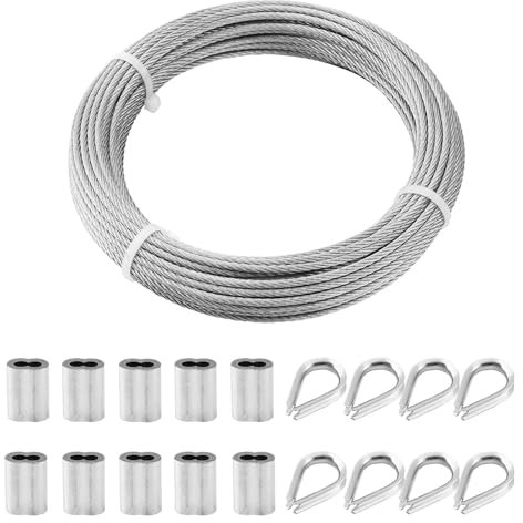 TooTaci 3mm Stainless Steel Wire Rope, 20M Steel Cable with M3 Crimping Sleeves & Thimble – Ideal for Garden Trellis, Fence Support, Railing & Outdoor Hanging Solutions