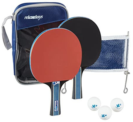 Relaxdays Tischtennis Set, Hülle mit Tischtennis-Netz, 2 Holzschläger, 3 Ping Pong Bälle, Mini Tischtennis, schwarz-rot