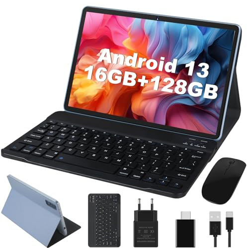 JUSYEA 2024 Nuovo Tablet 10 Pollici Android 13 16GB RAM+128GB Memoria Veloce, Super Octa-Cores, WiFi 6(5G+2.4G), 8000mAh, Certificazione GMS, 13+5MP, BT5.0, Corpo in Metallo, Tastiera e Mouse, Blu
